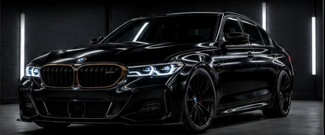 Black BMW sedan with gold-trim grille in a dark showroom